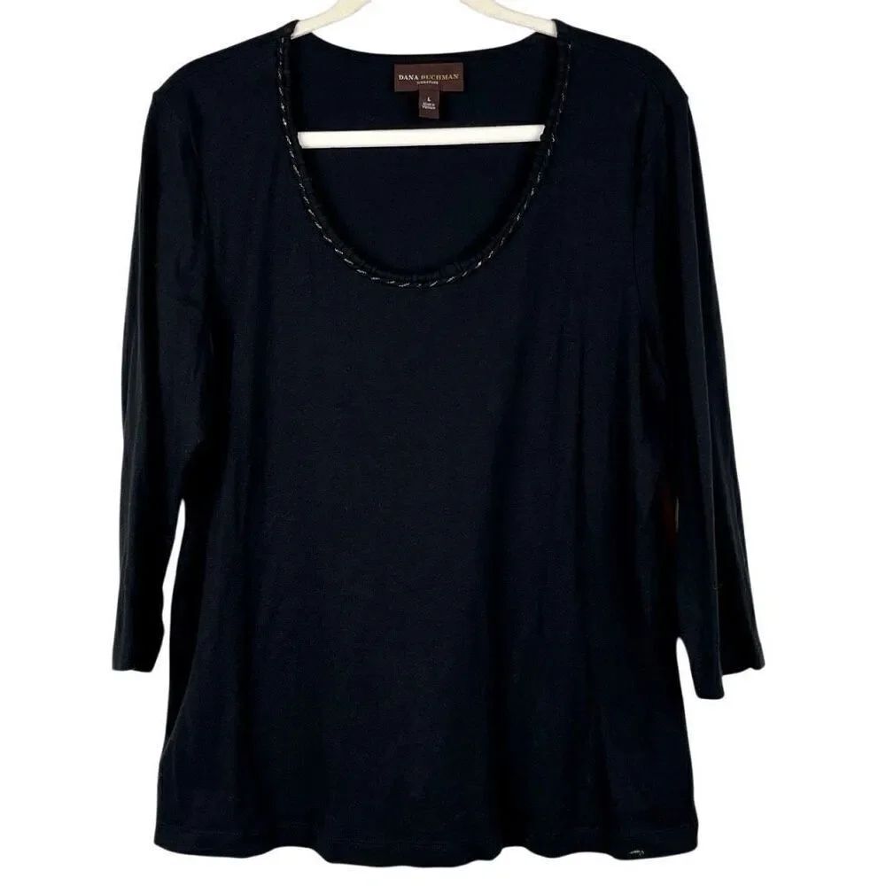 Dana Buchman Signature Black 3/4 Sleeve Tee Rope Chain Collar Large